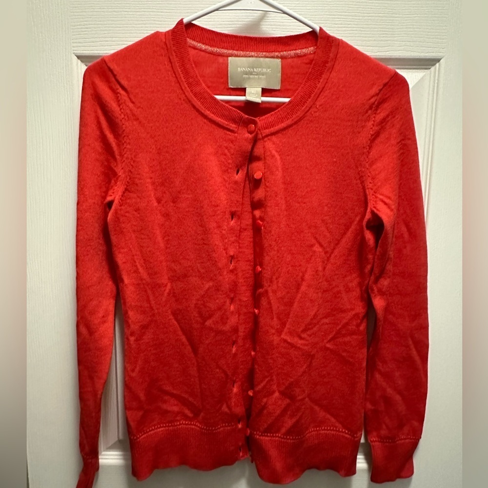 Banana Republic 100% Merino Wool Crewneck Cardigan Orange Classic Sweater XS